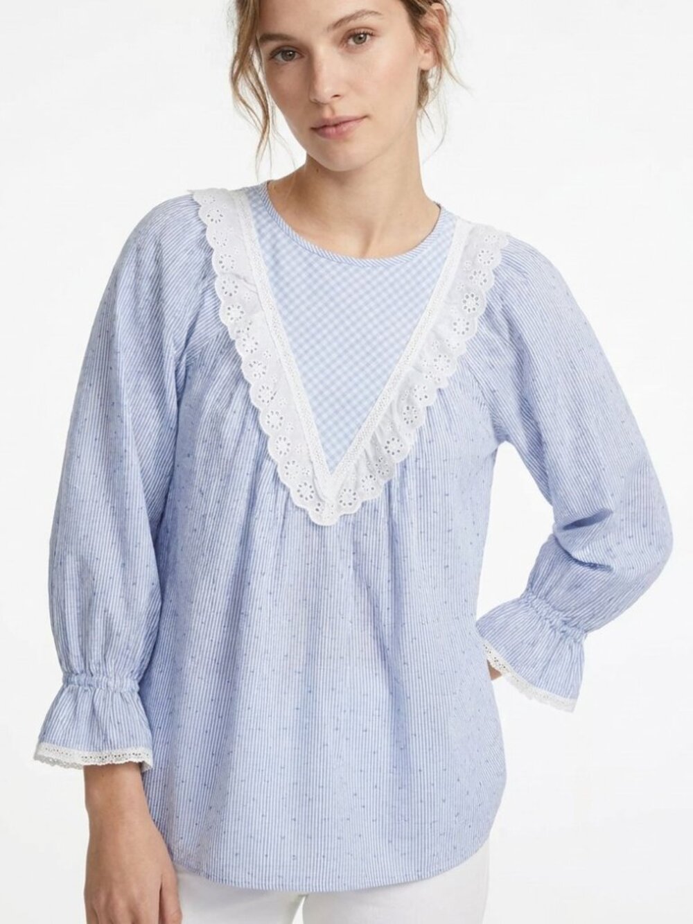 Brooks Brothers Striped Eyelet Ruffle Bib Blouse Blue White Size XS
